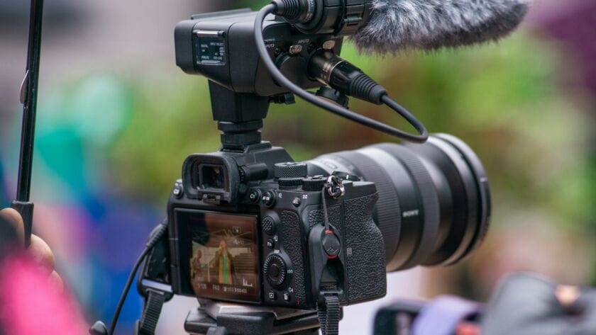 a camera with a microphone attached to it